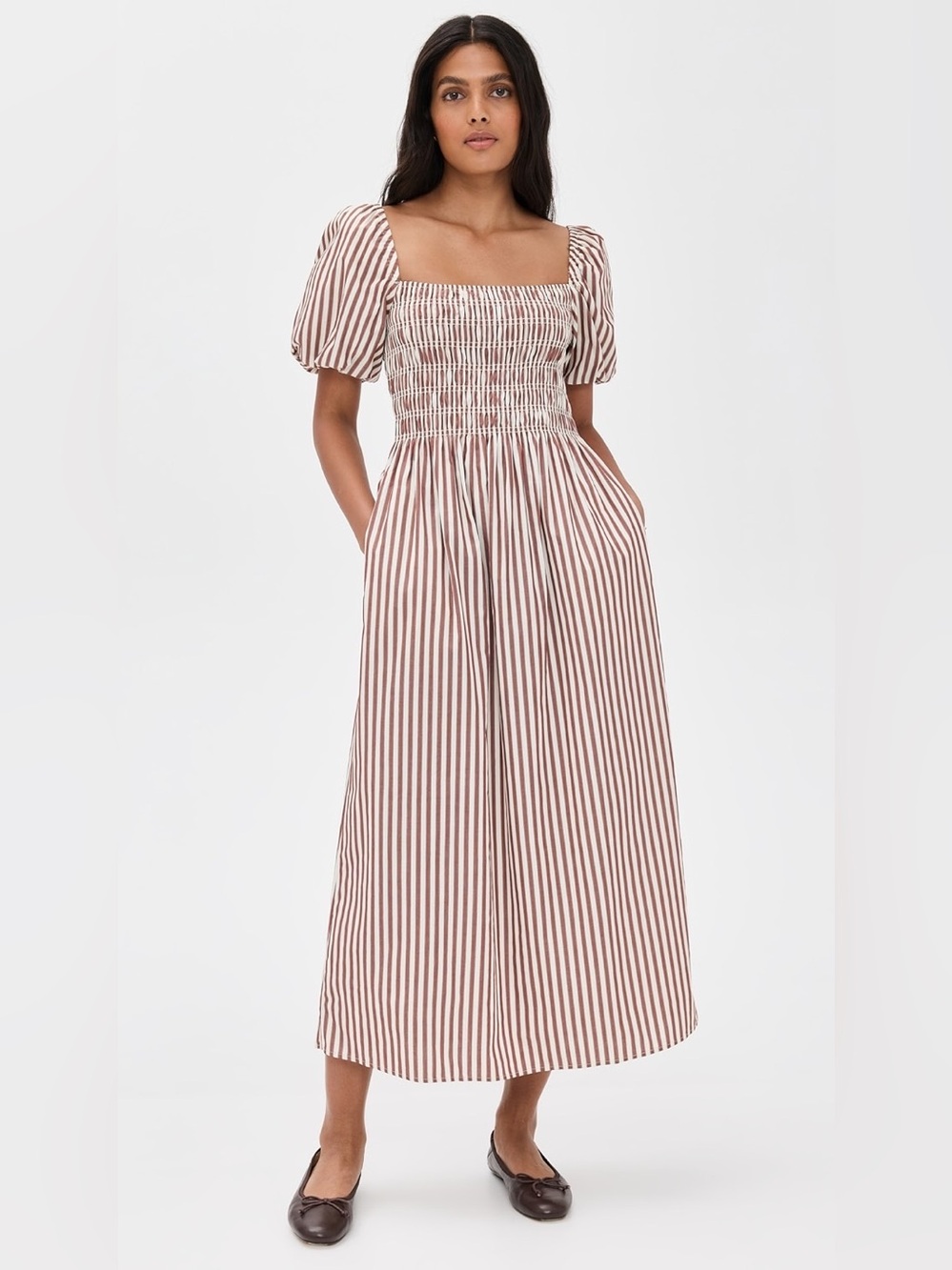 Hill House Julia Nap Dress | Rust Stripe | Cotton Midi | Smocked | Size S - Picture 4 of 12